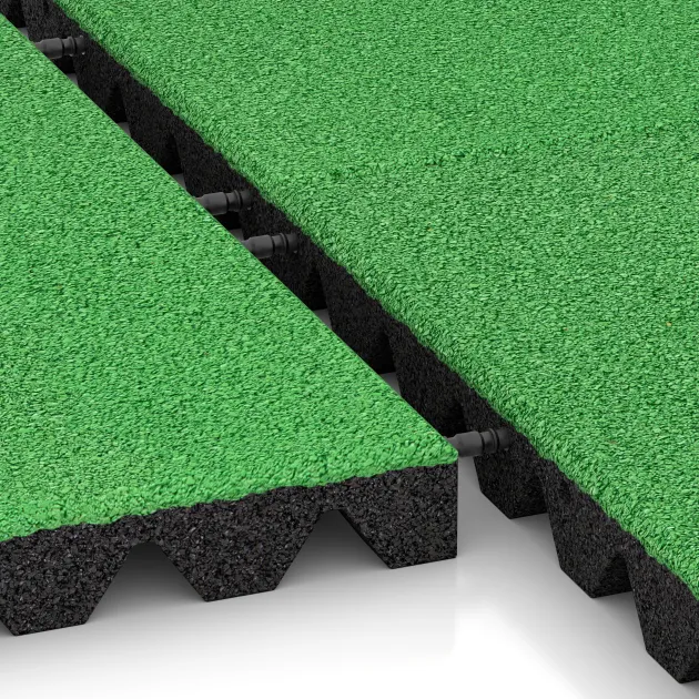 Großaufnahme vom Verbindungssystem von WARCO-Boden 0635 - Płyta gumowa na plac zabaw im Farbdesign Majowa zieleń. Abmessungen 500 x 500 x 45 mm.