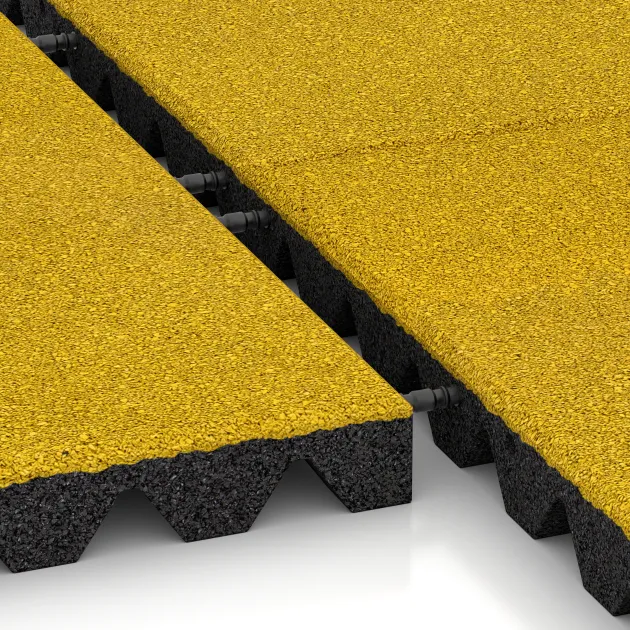 Großaufnahme vom Verbindungssystem von WARCO-Boden 0636 - Płyta gumowa na plac zabaw im Farbdesign Żółty cytrynowy. Abmessungen 500 x 500 x 45 mm.
