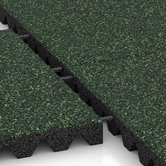 Großaufnahme vom Verbindungssystem von WARCO-Boden 5358 - Płyta gumowa na plac zabaw im Farbdesign Angielski trawnik. Abmessungen 500 x 500 x 50 mm.