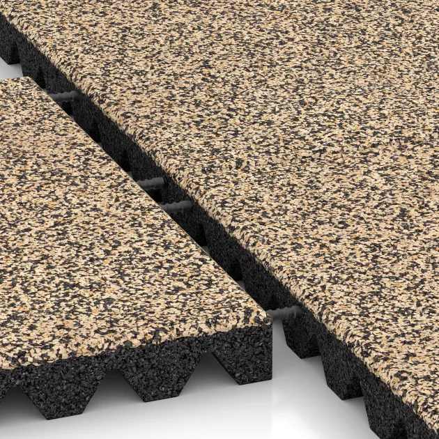 Großaufnahme vom Verbindungssystem von WARCO-Boden 5582 - Mata bezpieczeństwa na plac zabaw 5 cm - EN 1177 ≤ 145 cm im Farbdesign Trawertyn. Abmessungen 500 x 500 x 50 mm.