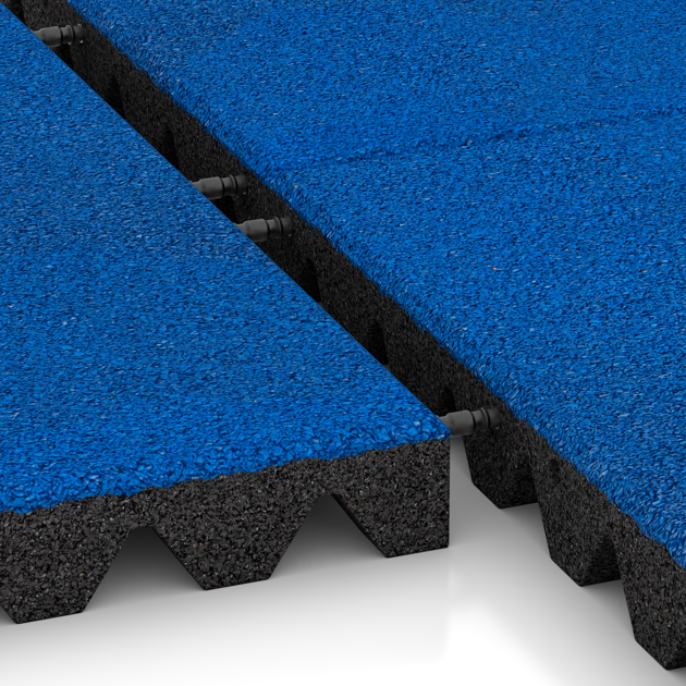 Großaufnahme vom Verbindungssystem von WARCO-Boden 0679 - Płyta gumowa na plac zabaw im Farbdesign Niebieski Chagall. Abmessungen 500 x 500 x 50 mm.