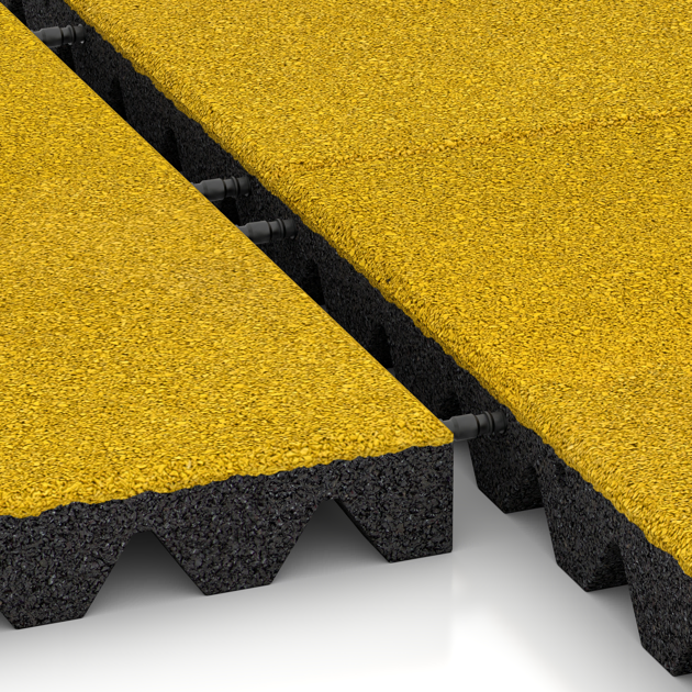 Großaufnahme vom Verbindungssystem von WARCO-Boden 0686 - Płyta gumowa na plac zabaw im Farbdesign Żółty cytrynowy. Abmessungen 500 x 500 x 50 mm.