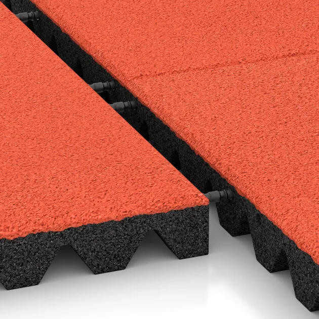Großaufnahme vom Verbindungssystem von WARCO-Boden 5571 - Mata bezpieczeństwa na plac zabaw 5 cm - EN 1177 ≤ 145 cm im Farbdesign Oranż. Abmessungen 500 x 500 x 50 mm.