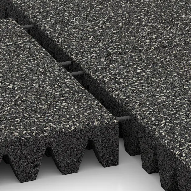 Großaufnahme vom Verbindungssystem von WARCO-Boden 5364 - Płyta gumowa na plac zabaw im Farbdesign Ciemny granit. Abmessungen 500 x 500 x 80 mm.