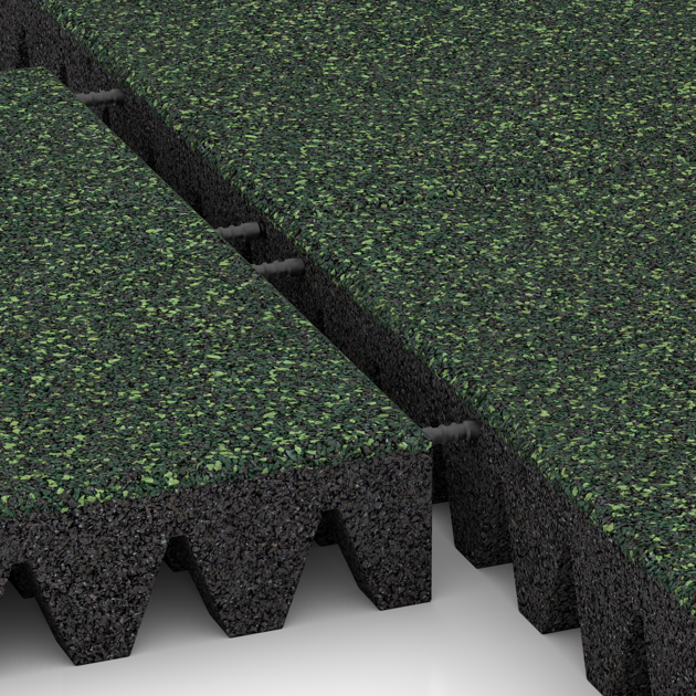 Großaufnahme vom Verbindungssystem von WARCO-Boden 5365 - Płyta gumowa na plac zabaw im Farbdesign Angielski trawnik. Abmessungen 500 x 500 x 80 mm.