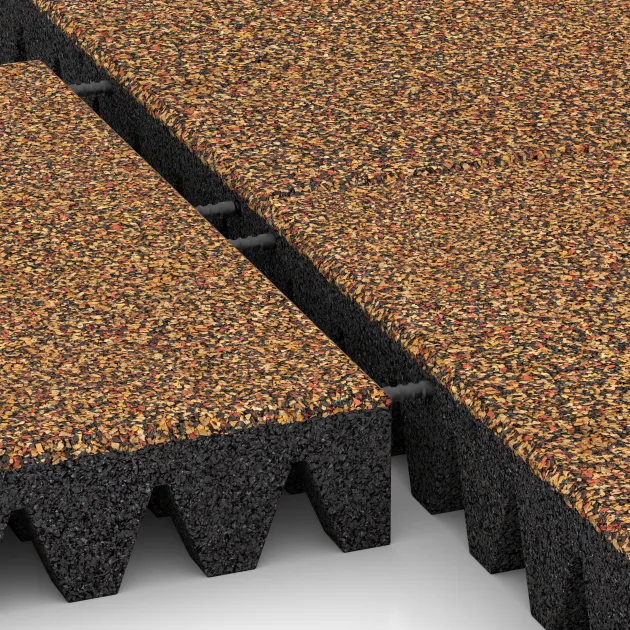 Großaufnahme vom Verbindungssystem von WARCO-Boden 5373 - Płyta gumowa na plac zabaw im Farbdesign Terakota. Abmessungen 500 x 500 x 80 mm.