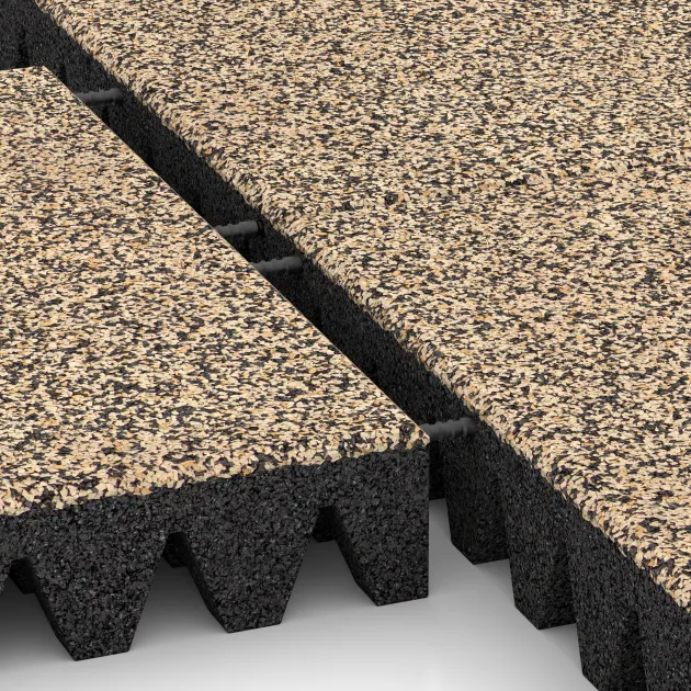 Großaufnahme vom Verbindungssystem von WARCO-Boden 5374 - Płyta gumowa na plac zabaw im Farbdesign Trawertyn. Abmessungen 500 x 500 x 80 mm.