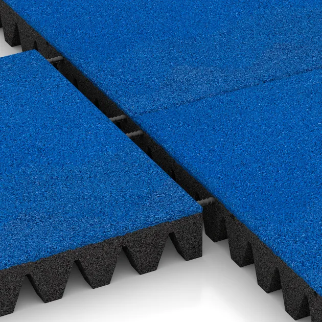 Großaufnahme vom Verbindungssystem von WARCO-Boden 0715 - Płyta gumowa na plac zabaw im Farbdesign Niebieski Chagall. Abmessungen 500 x 500 x 80 mm.