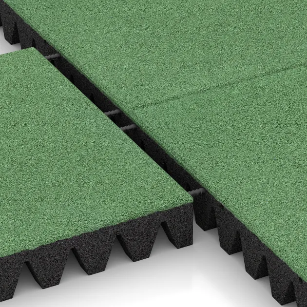 Großaufnahme vom Verbindungssystem von WARCO-Boden 0723 - Płyta gumowa na plac zabaw im Farbdesign Blady zielony. Abmessungen 500 x 500 x 80 mm.