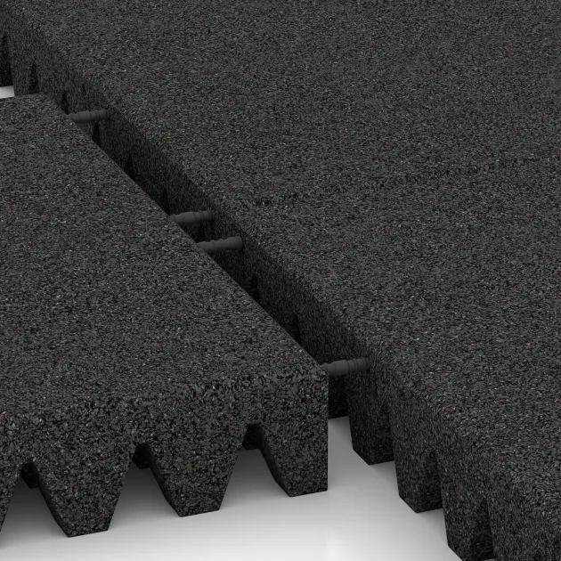 Großaufnahme vom Verbindungssystem von WARCO-Boden 5593 - Mata bezpieczeństwa na plac zabaw 8 cm - EN 1177 ≤ 195 cm im Farbdesign Antracyt. Abmessungen 500 x 500 x 80 mm.