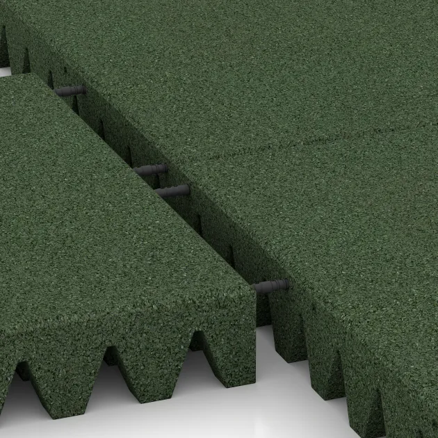 Großaufnahme vom Verbindungssystem von WARCO-Boden 0728 - Płyta gumowa na plac zabaw im Farbdesign Zielony trawiasty. Abmessungen 500 x 500 x 80 mm.