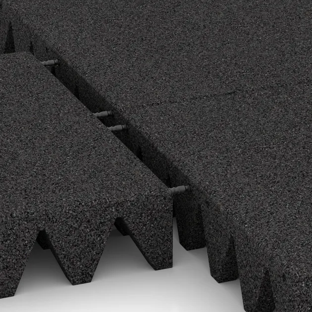 Großaufnahme vom Verbindungssystem von WARCO-Boden 0744 - Płyta gumowa na plac zabaw im Farbdesign Antracyt. Abmessungen 500 x 500 x 100 mm.