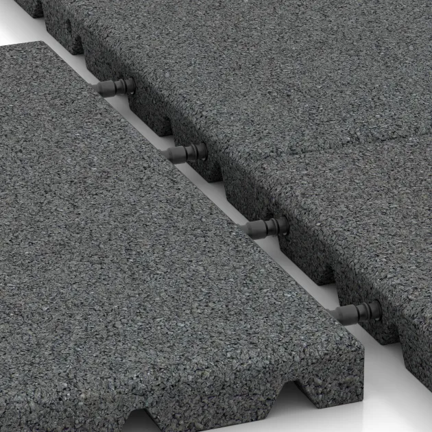 Großaufnahme vom Verbindungssystem von WARCO-Boden 0523 - Płyta gumowa na plac zabaw im Farbdesign Szary łupkowy. Abmessungen 400 x 400 x 30 mm.