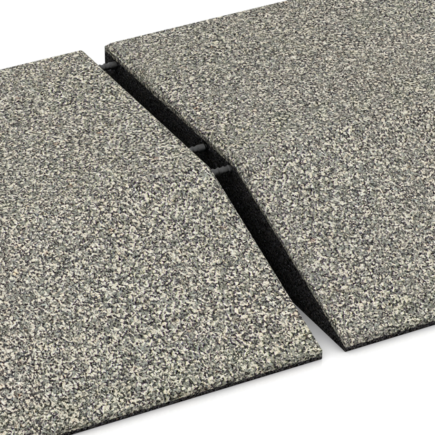 Großaufnahme vom Verbindungssystem von WARCO-Boden 3830 - Płyta narożna (dwa boki w kształcie klina) im Farbdesign Jasny granit. Abmessungen 500 x 500 x 100 mm.