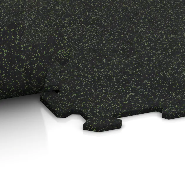Großaufnahme vom Verbindungssystem von WARCO-Boden 1058 - Nawierzchnia Fitness Kompakt im Farbdesign Zielony lekko nakrapiany. Abmessungen 970 x 970 x 8 mm.