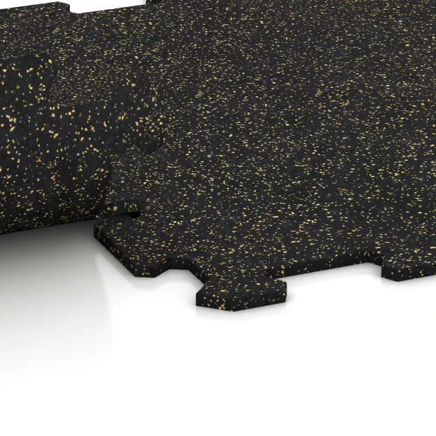 Großaufnahme vom Verbindungssystem von WARCO-Boden 0926 - Nawierzchnia Fitness Kompakt im Farbdesign Żółty lekko nakrapiany. Abmessungen 485 x 485 x 8 mm | 0,235 m².