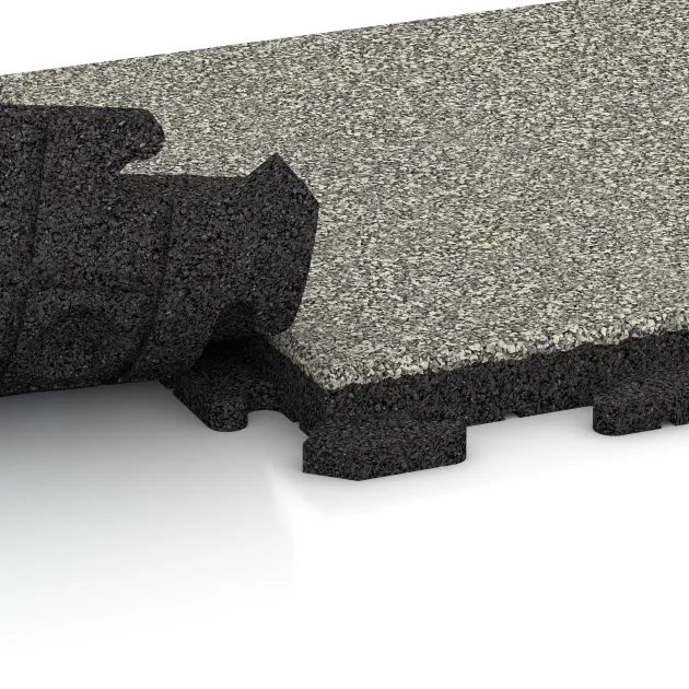 Großaufnahme vom Verbindungssystem von WARCO-Boden 1341 - Płytka na obrzeża basenu Classic im Farbdesign Jasny granit. Abmessungen 500 x 500 x 40 mm.
