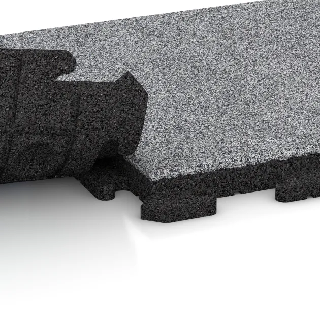 Großaufnahme vom Verbindungssystem von WARCO-Boden 4626 - Nawierzchnia Fitness Płyty Gumowe Classic im Farbdesign Szary melanż. Abmessungen 500 x 500 x 40 mm.