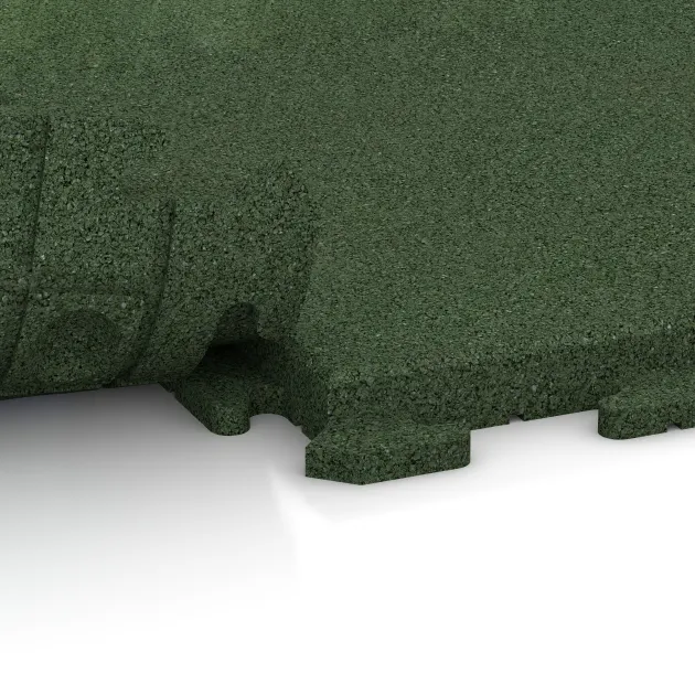 Großaufnahme vom Verbindungssystem von WARCO-Boden 1406 - Nawierzchnia Fitness Płyty Gumowe Classic im Farbdesign Zielony trawiasty. Abmessungen 500 x 500 x 40 mm.