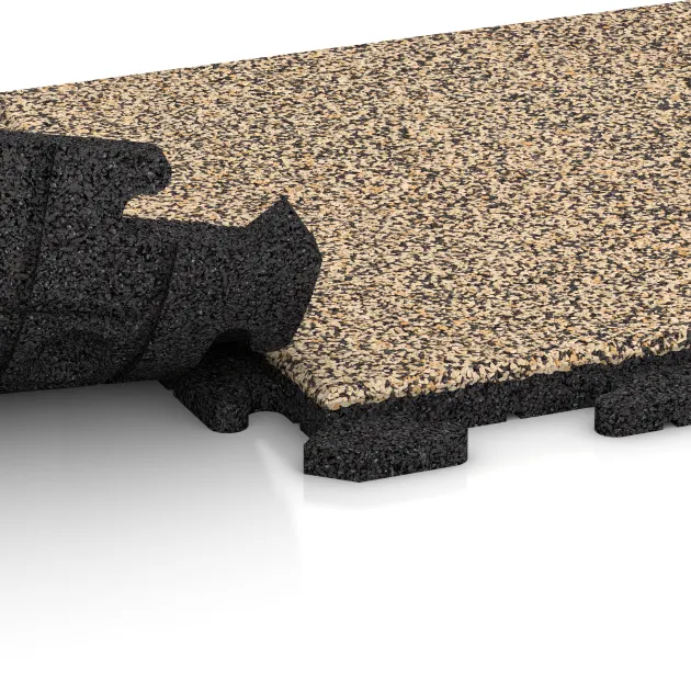 Großaufnahme vom Verbindungssystem von WARCO-Boden 1214 - Płytka na obrzeża basenu Classic im Farbdesign Trawertyn. Abmessungen 500 x 500 x 30 mm.