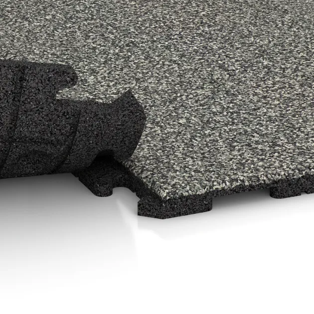Großaufnahme vom Verbindungssystem von WARCO-Boden 1571 - Nawierzchnia na place zabaw im Farbdesign Klasyczny granit. Abmessungen 1000 x 1000 x 30 mm.