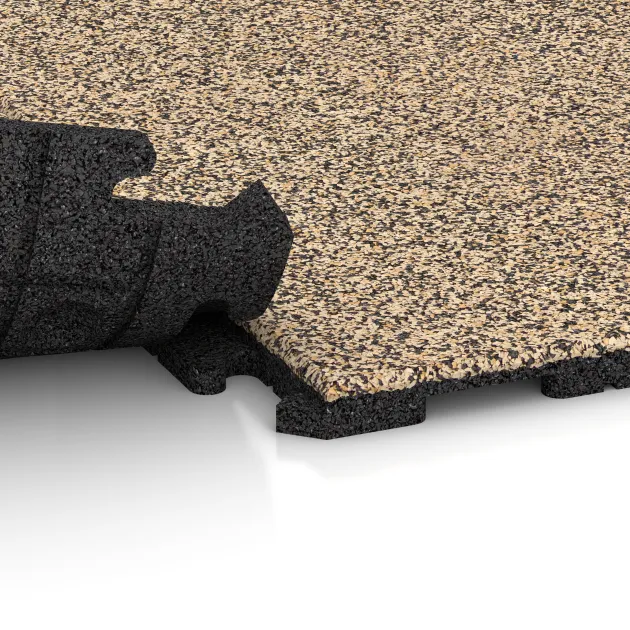 Großaufnahme vom Verbindungssystem von WARCO-Boden 1606 - Nawierzchnia Fitness Płyty Gumowe Classic im Farbdesign Trawertyn. Abmessungen 1000 x 1000 x 30 mm.