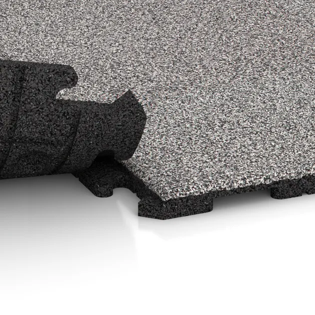 Großaufnahme vom Verbindungssystem von WARCO-Boden 4636 - Nawierzchnia na place zabaw im Farbdesign Szary melanż. Abmessungen 1000 x 1000 x 30 mm.