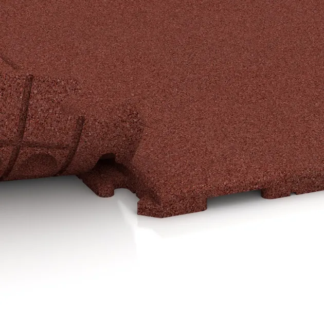 Großaufnahme vom Verbindungssystem von WARCO-Boden 1631 - Nawierzchnia Fitness Płyty Gumowe Classic im Farbdesign Czerwony ceglasty. Abmessungen 1000 x 1000 x 30 mm.