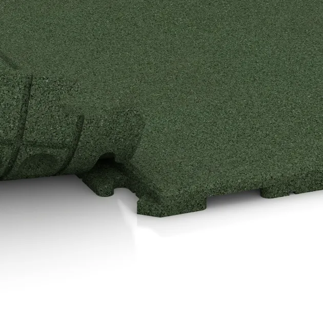 Großaufnahme vom Verbindungssystem von WARCO-Boden 1632 - Nawierzchnia Fitness Płyty Gumowe Classic im Farbdesign Zielony trawiasty. Abmessungen 1000 x 1000 x 30 mm.