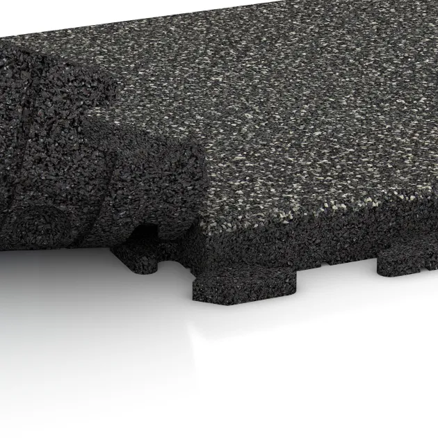 Großaufnahme vom Verbindungssystem von WARCO-Boden 1458 - Nawierzchnia Fitness Płyty Gumowe Classic im Farbdesign Ciemny granit. Abmessungen 500 x 500 x 50 mm.