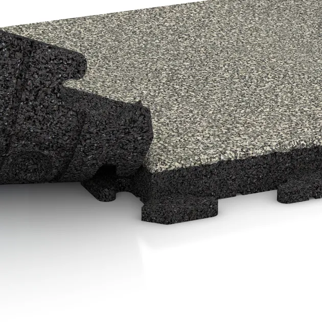 Großaufnahme vom Verbindungssystem von WARCO-Boden 1460 - Nawierzchnia Fitness Płyty Gumowe Classic im Farbdesign Jasny granit. Abmessungen 500 x 500 x 50 mm.