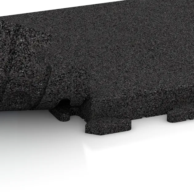Großaufnahme vom Verbindungssystem von WARCO-Boden 1490 - Nawierzchnia Fitness Płyty Gumowe Classic im Farbdesign Antracyt. Abmessungen 500 x 500 x 50 mm.