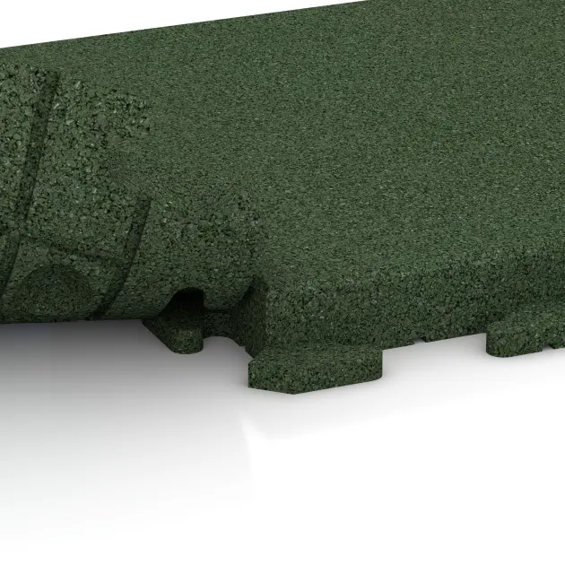 Großaufnahme vom Verbindungssystem von WARCO-Boden 1492 - Nawierzchnia Fitness Płyty Gumowe Classic im Farbdesign Zielony trawiasty. Abmessungen 500 x 500 x 50 mm.