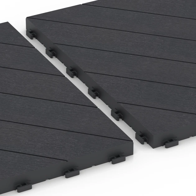 Großaufnahme vom Verbindungssystem von WARCO-Boden 6325 - Jodełka – Płytki tarasowe im Farbdesign Łupek. Abmessungen 38,5 x 38,5 x 2 cm.