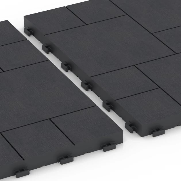 Großaufnahme vom Verbindungssystem von WARCO-Boden 6329 - Wzór blokowy – Płytki tarasowe im Farbdesign Łupek. Abmessungen 38,5 x 38,5 x 2 cm.