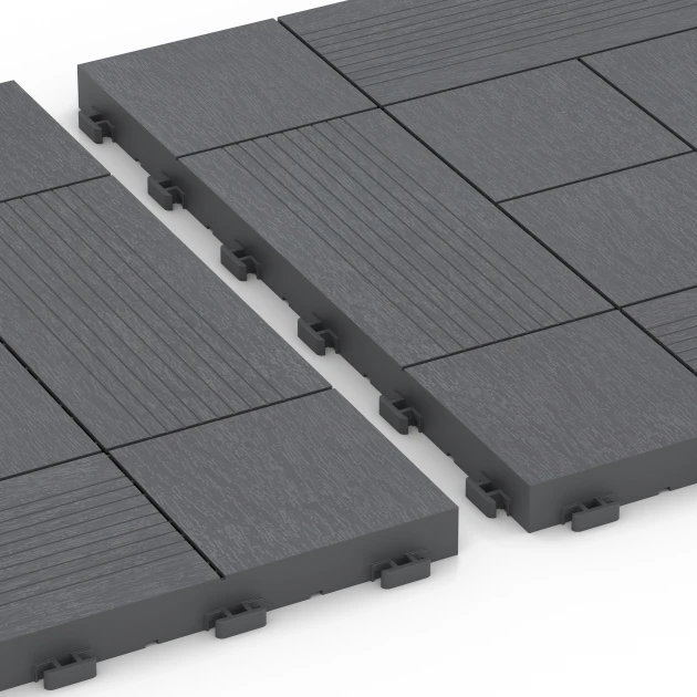 Großaufnahme vom Verbindungssystem von WARCO-Boden 6237 - Wzór panelowy – Płytki tarasowe im Farbdesign Srebrnoszary. Abmessungen 38,5 x 38,5 x 2 cm.