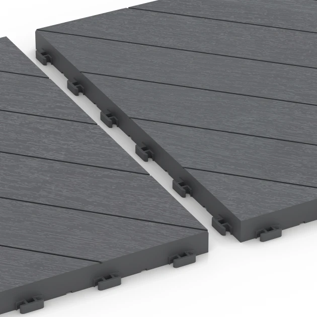 Großaufnahme vom Verbindungssystem von WARCO-Boden 6326 - Jodełka – Płytki tarasowe im Farbdesign Srebrnoszary. Abmessungen 38,5 x 38,5 x 2 cm.