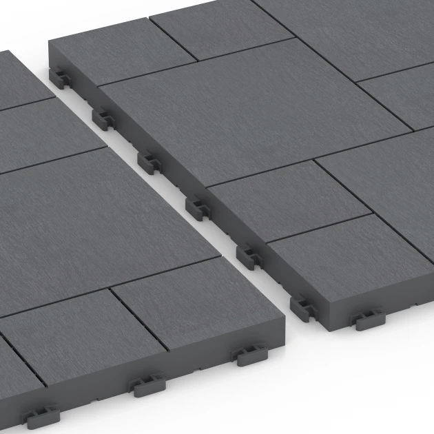 Großaufnahme vom Verbindungssystem von WARCO-Boden 6330 - Wzór blokowy – Płytki tarasowe im Farbdesign Srebrnoszary. Abmessungen 38,5 x 38,5 x 2 cm.