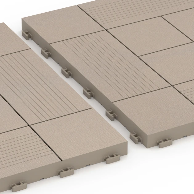Großaufnahme vom Verbindungssystem von WARCO-Boden 6238 - Wzór panelowy – Płytki tarasowe im Farbdesign Wanilia. Abmessungen 38,5 x 38,5 x 2 cm.