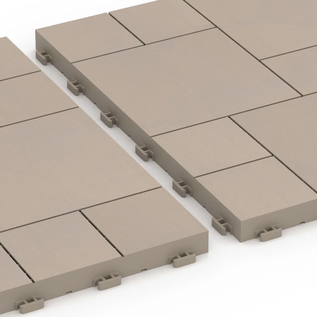 Großaufnahme vom Verbindungssystem von WARCO-Boden 6331 - Wzór blokowy – Płytki tarasowe im Farbdesign Wanilia. Abmessungen 38,5 x 38,5 x 2 cm.