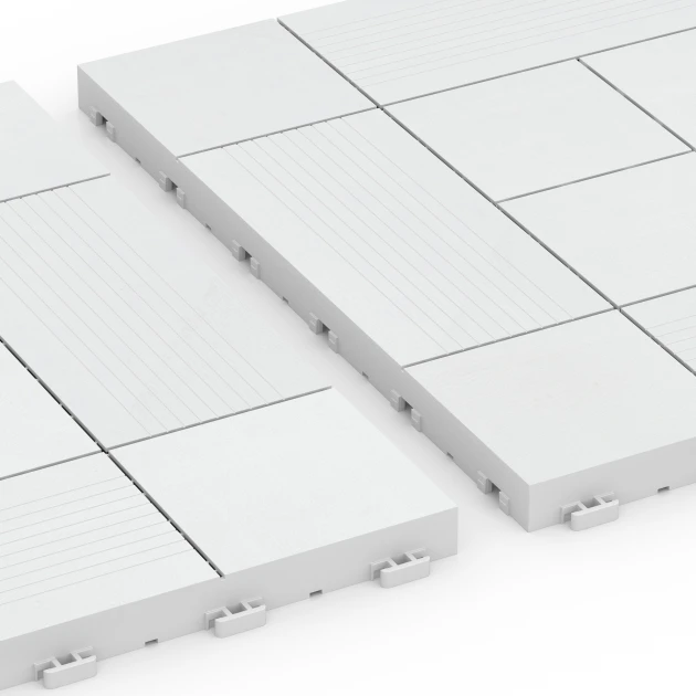 Großaufnahme vom Verbindungssystem von WARCO-Boden 6235 - Wzór panelowy – Płytki tarasowe im Farbdesign Kreda. Abmessungen 38,5 x 38,5 x 2 cm.