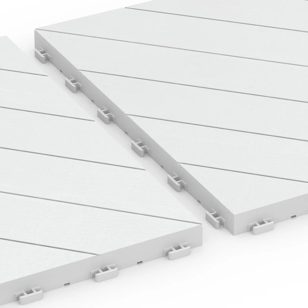 Großaufnahme vom Verbindungssystem von WARCO-Boden 6328 - Jodełka – Płytki tarasowe im Farbdesign Kreda. Abmessungen 38,5 x 38,5 x 2 cm.