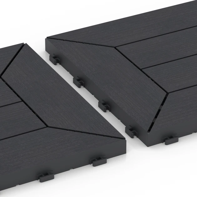 Großaufnahme vom Verbindungssystem von WARCO-Boden 6346 - Wzór kasetonowy – Płytki tarasowe im Farbdesign Łupek. Abmessungen 30 x 30 x 2 cm.