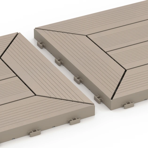 Großaufnahme vom Verbindungssystem von WARCO-Boden 6350 - Wzór kasetonowy – Płytki tarasowe im Farbdesign Wanilia. Abmessungen 30 x 30 x 2 cm.