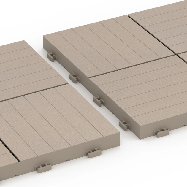 Großaufnahme vom Verbindungssystem von WARCO-Boden 6351 - Mozaika – Płytki tarasowe im Farbdesign Wanilia. Abmessungen 30 x 30 x 2 cm.