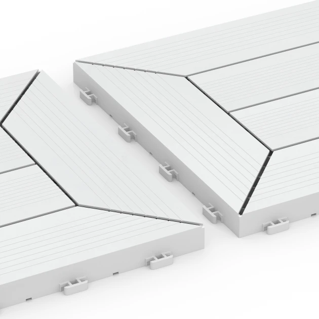 Großaufnahme vom Verbindungssystem von WARCO-Boden 6352 - Wzór kasetonowy – Płytki tarasowe im Farbdesign Kreda. Abmessungen 30 x 30 x 2 cm.