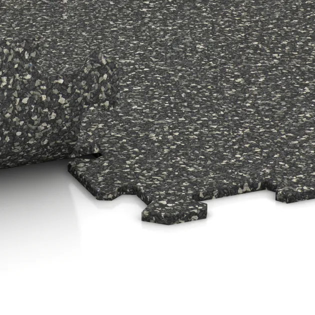 Großaufnahme vom Verbindungssystem von WARCO-Boden 1019 - Nawierzchnia Fitness Kompakt im Farbdesign Ciemny granit. Abmessungen 970 x 970 x 8 mm.
