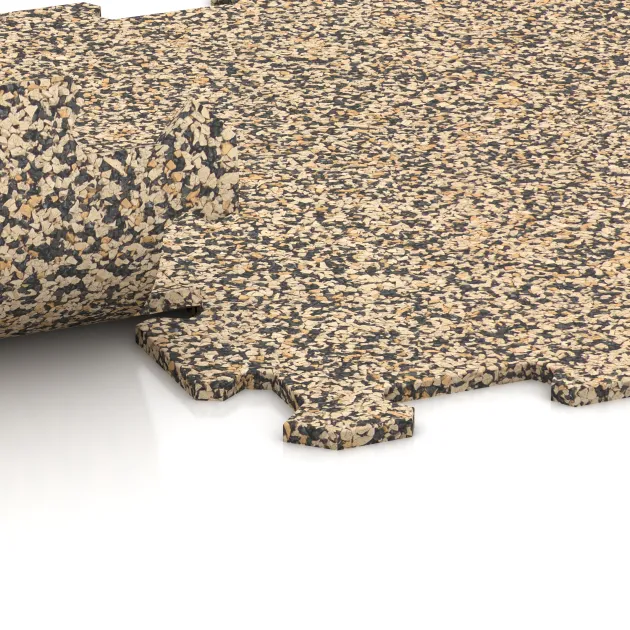 Großaufnahme vom Verbindungssystem von WARCO-Boden 0890 - Nawierzchnia Fitness Kompakt im Farbdesign Trawertyn. Abmessungen 485 x 485 x 8 mm.