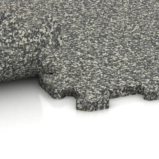 Großaufnahme vom Verbindungssystem von WARCO-Boden 0959 - Nawierzchnia Fitness Kompakt im Farbdesign Klasyczny granit. Abmessungen 485 x 485 x 16 mm.