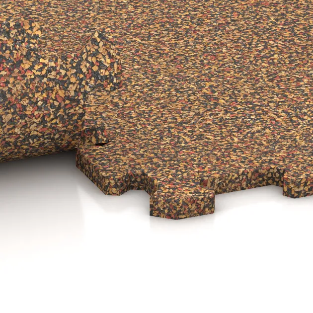 Großaufnahme vom Verbindungssystem von WARCO-Boden 0962 - Nawierzchnia Fitness Kompakt im Farbdesign Terakota. Abmessungen 485 x 485 x 16 mm.